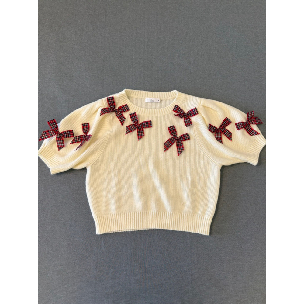 Talulah ivory short-sleeve knit sweater with multiple plaid bows puff slv SZ M - Picture 5 of 7